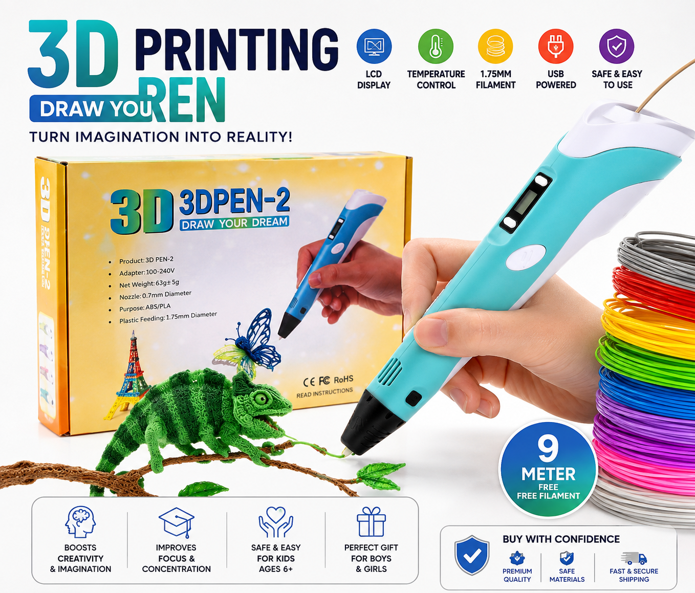 Intelligent 3D Printing Pen for Kids – DIY Creative 3D Drawing Pen