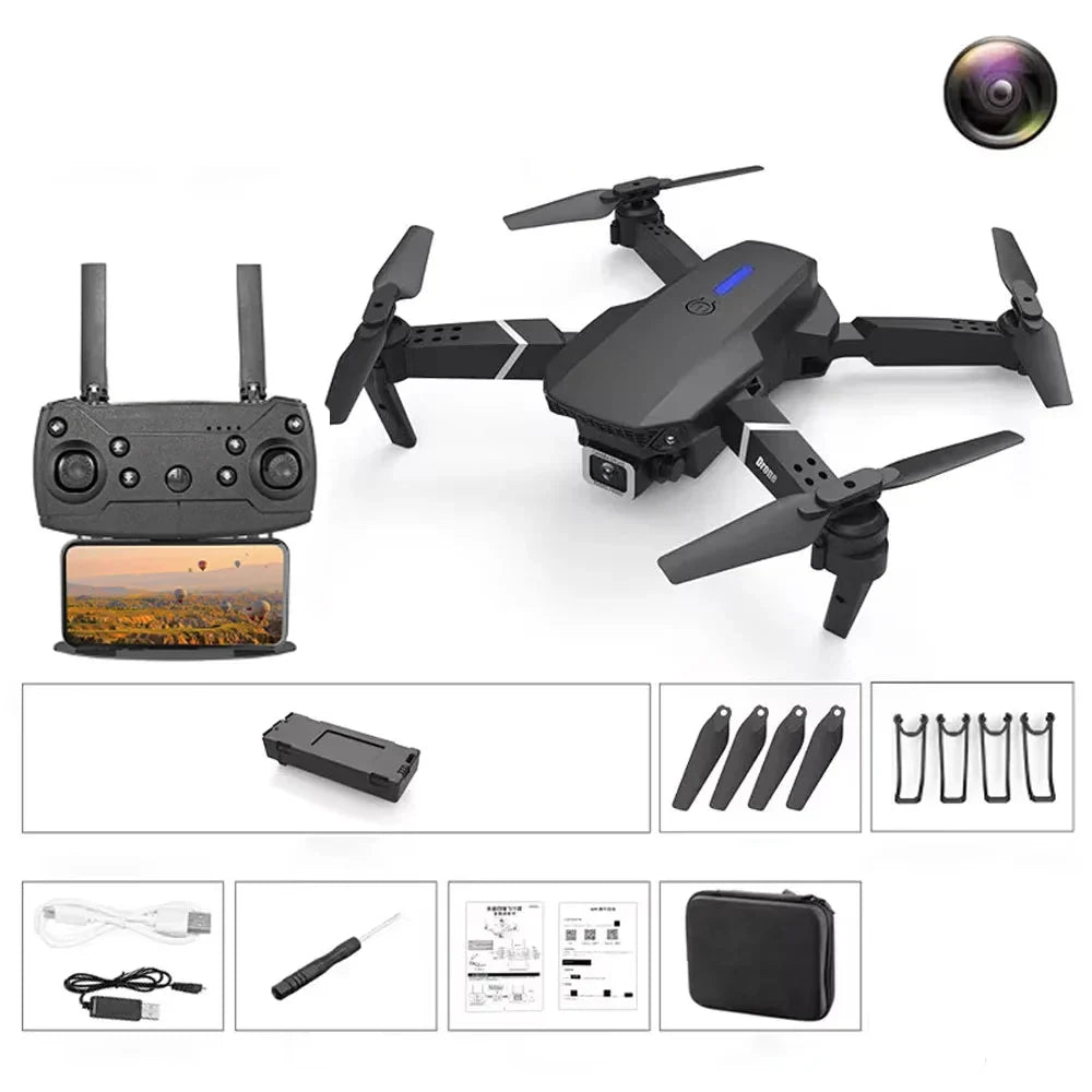 E88 Pro 2.4GHz HD Camera Drone with Dual Camera, Remote & App Control, Foldable RC Quadcopter with LED Lights for Ages 14+
