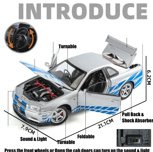 1:24 Diecast Nissan Skyline GT-R R34 Model Car