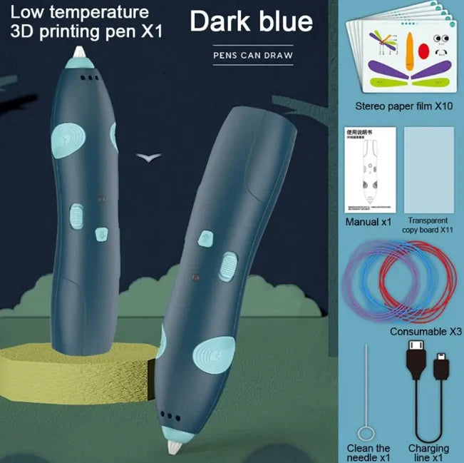 Rechargeable 3D Drawing pen with 3 wires & Multiple Drawing cards!