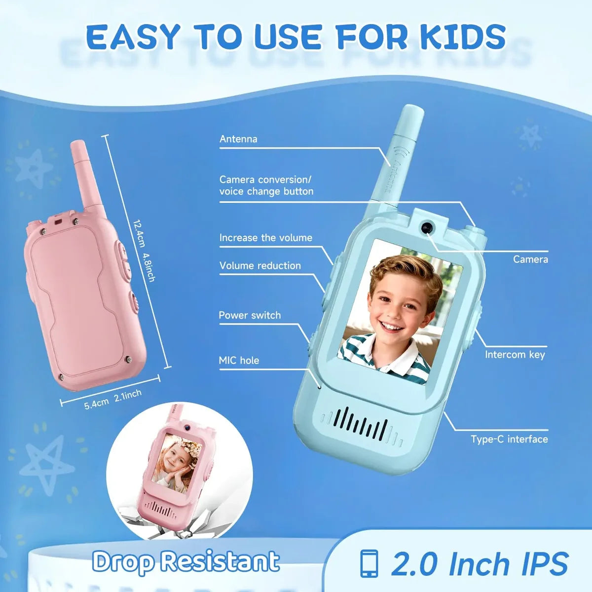 2Pcs Rechargeable Kids Video Walkie Talkie - HDc Camera